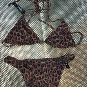 ARK Swimwear Leopard String Bikini Triangle Tie Set Brown Black Size M (278)